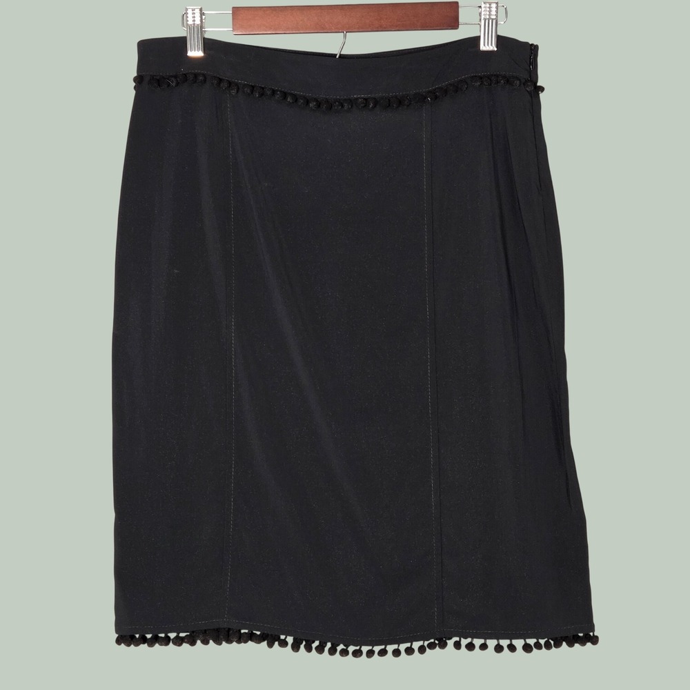 Blumarine Women 46 Rayon Pencil Skirt Pom Pom Trim Black Italy Career Office